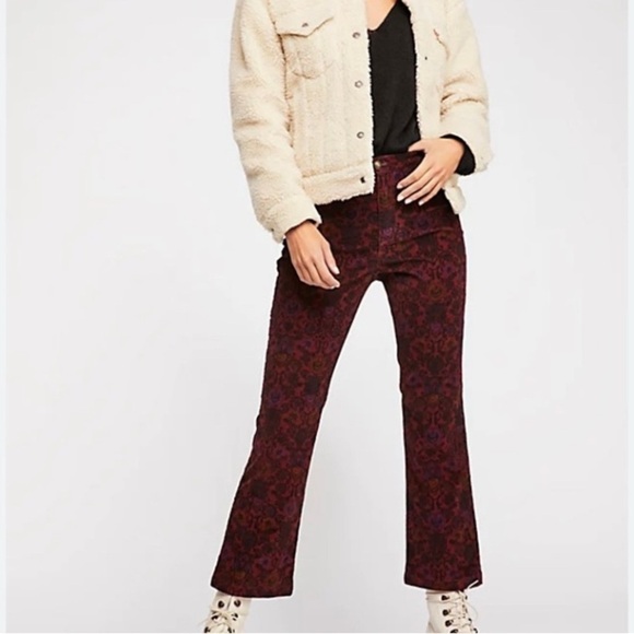 Free People Retro Printed Floral Cropped Red Paisley Flare Cords Womens size 4 - Picture 1 of 14
